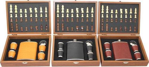 Ahşap Kutulu Satrançlı Matara Seti Derili Alk2684