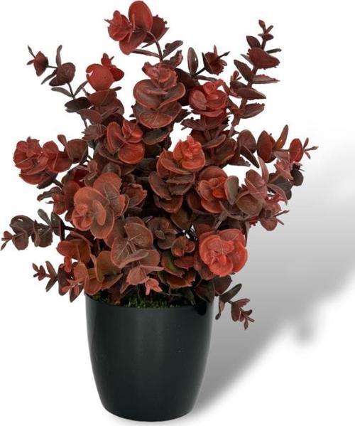 Yapay Çiçek Siyah Saksıda Okaliptus Şimşir Demeti Pudralı Pastel Bordo Dekoratif Yapay Bitki