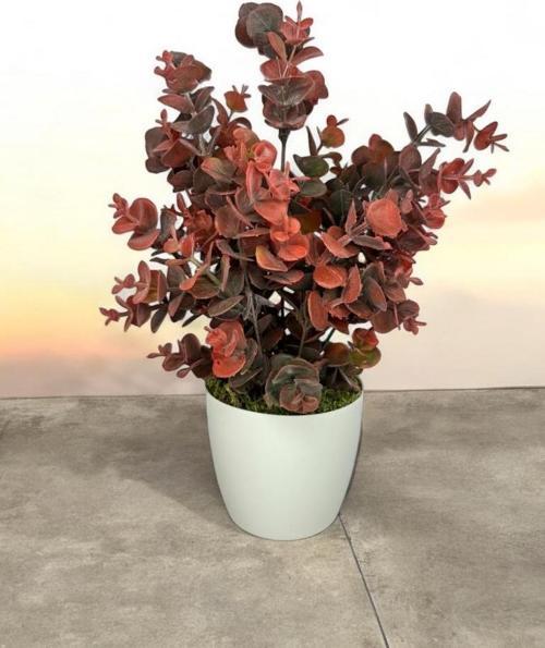 Yapay Çiçek Beyaz Saksıda Okaliptus Şimşir Demeti Pudralı Pastel Bordo Dekoratif Yapay Bitki