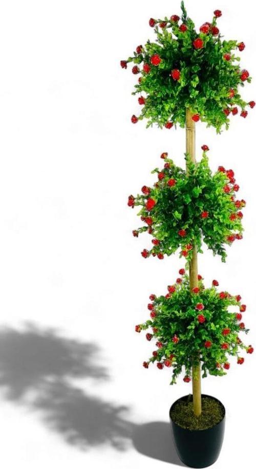 Yapay Ağaç Kırmızı Mineli Şimşir Top Siyah Saksılı 115*30 cm
