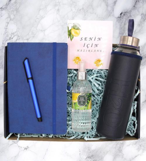 HEDİYE KUTUSU - DEFTER & CAM MATARA & KALEM & KOLONYA
