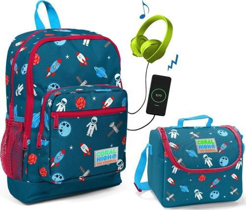 Astronot Baskılı Okul Çantası ve Beslenme Çantası Seti - Erkek Çocuk - USB Soketli