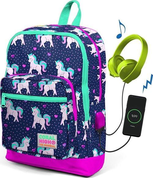Çocuk Lacivert Unicorn Usb Şarjlı Kulaklık Çıkışlı Okul Sırt Çantası