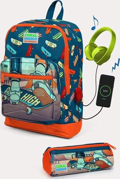 CoKids Civit Neon Turuncu Kaykay Desenli USB Girişli 2'li Okul Çanta Seti - Erkek Çocuk