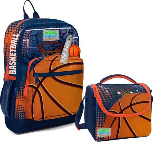 Dört Bölmeli Erkek Çocuk Okul Sırt Çantası ve Beslenme Seti - Turuncu Lacivert Basketbol