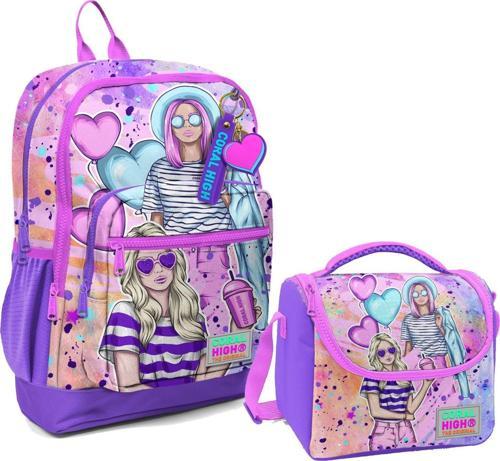 Dört Bölmeli Kız Çocuk Okul Sırt Çantası ve Beslenme Seti - Pembe Mor Fashion Girl