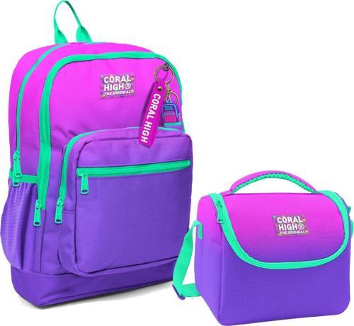 Dört Bölmeli Kız Çocuk Okul Sırt Çantası ve Beslenme Seti - Pembe Mor Renk Geçişli
