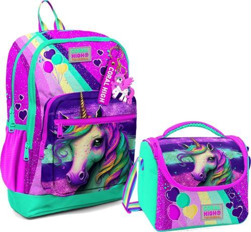 Dört Bölmeli Kız Çocuk Okul Sırt Çantası ve Beslenme Seti - Pembe Su Yeşili Unicorn