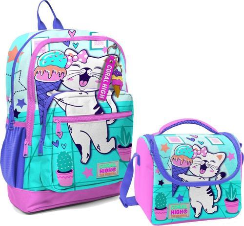 Dört Bölmeli Kız Çocuk Okul Sırt Çantası ve Beslenme Seti - Turkuaz Pembe Dondurmalı Kedi