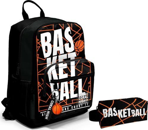 Dört Bölmeli Ortaokul Sırt Çantası ve Kalemlik Seti - Siyah Basketbol - Erkek Çocuk