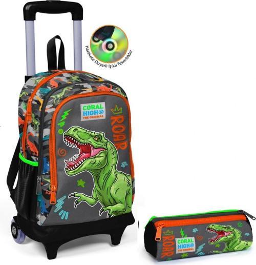 Erkek Çocuk Gri Dinazor Tekerlekli Okul Çantası ve Kalemlik Seti