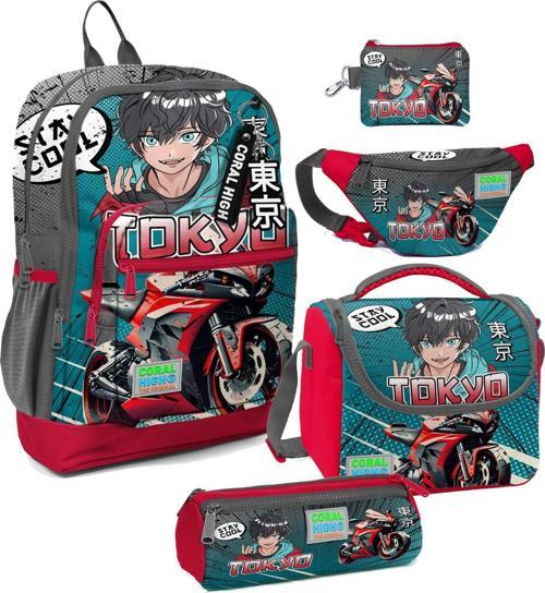 Erkek Çocuk Gri Nefti Anime Motorsiklet Desenli Beşli İlkokul Okul Çanta Seti