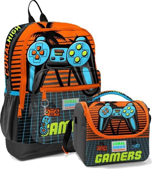Erkek Çocuk İlkokul Okul Sırt Çantası ve Beslenme Çanta Seti - Turuncu Gamers
