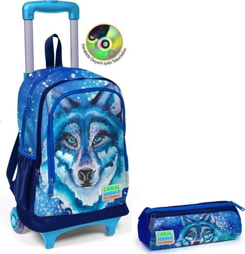 Erkek Çocuk Mavi Kurt Tekerlekli Okul Çantası ve Kalemlik Seti