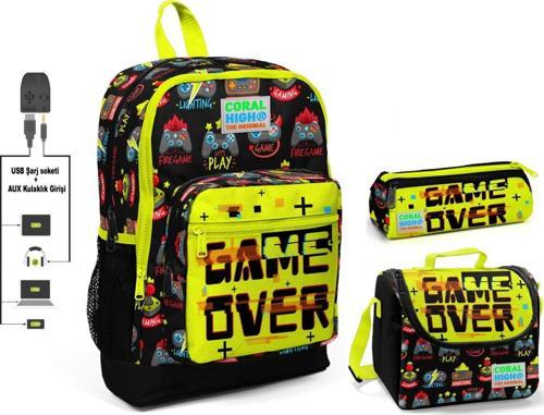 Game Over Baskılı Erkek Çocuk İlkokul Çanta Seti - USB Çıkışlı