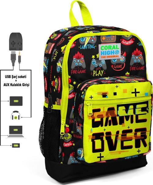 Game Over Baskılı İlkokul ve Günlük Sırt Çantası - Erkek Çocuk - USB ve AUX Soketli