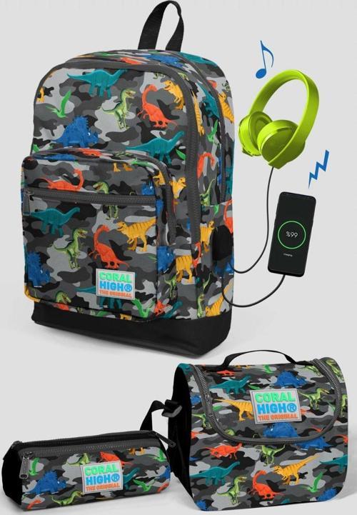 Gri Kamuflaj Dinazor Desenli Okul Çanta Seti - Erkek Çocuk