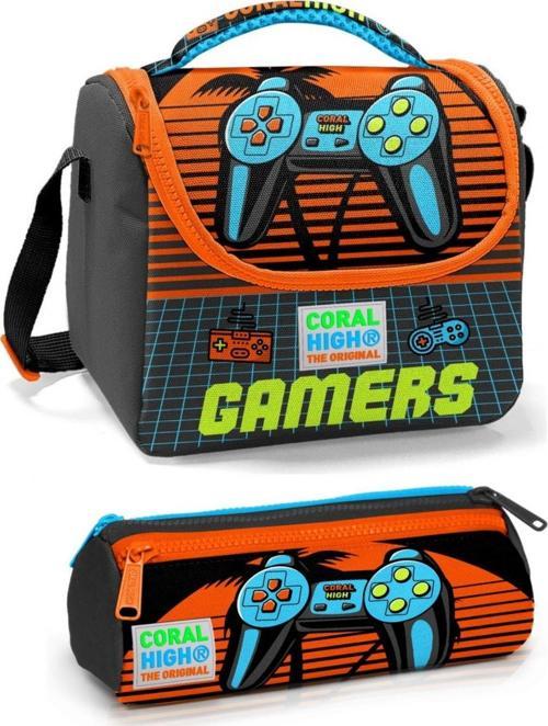 Gri Kırmızı Gamers Erkek Çocuk Beslenme Çantası Seti
