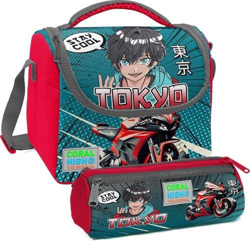 Gri Nefti Anime Motorsiklet Desenli Erkek Çocuk Isı Yalıtımlı Beslenme Çantası ve Kalemlik Seti
