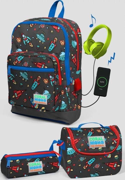 Gri Uzay Desenli Okul Çanta Seti - Erkek Çocuk