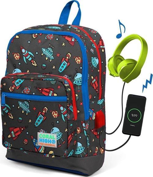 Gri Uzay Desenli Usb Şarjlı Kulaklık Çıkışlı Okul Sırt Çantası 23279