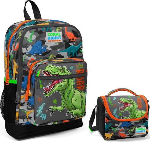 Gri Yeşil Dinazor Okul Sırt ve Beslenme Çantası Seti