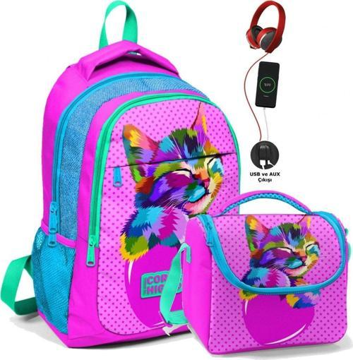 İlk ve Orta Okul ve Beslenme Çantası Seti - Kız Çocuk Pembe Sevimli Kedi - USB Soketli