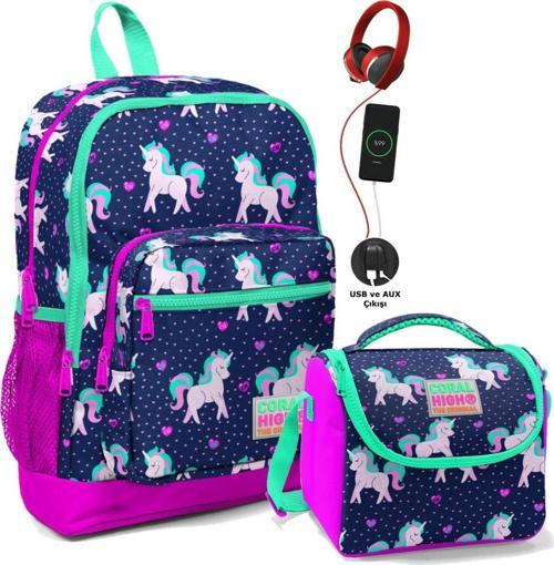 İlkokul Çanta Seti - USB ve AUX Çıkışlı Kız Çocuk Pembe Mavi Unicorn