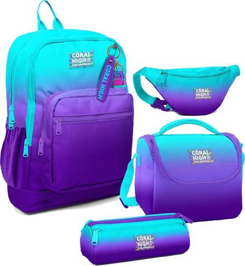 Erkek Çocuk Turkuaz Mor Renk Geçişli Desenli İlkokul Okul Çanta Seti ve Bel Çantası