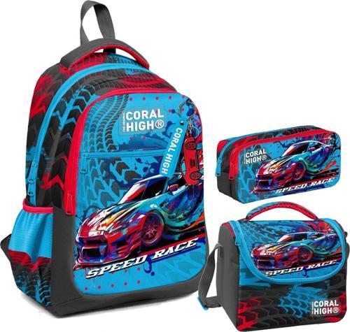 Erkek Çocuk Üç Gözlü İlkokul Çanta Seti - Gri Mavi Yarış Arabası Desenli