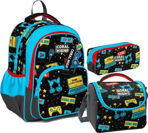 Erkek Çocuk Üç Gözlü İlkokul Çanta Seti - Siyah Mavi Gamer Desenli