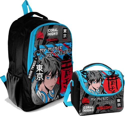 Erkek Çocuk Üç Gözlü İlkokul ve Ortaokul Sırt Çantası+Beslenme - Siyah Mavi Anime