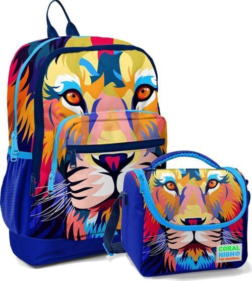 İlkokul Okul Sırt Çantası ve Beslenme Çantası Seti - Lacivert Aslan Erkek Çocuk