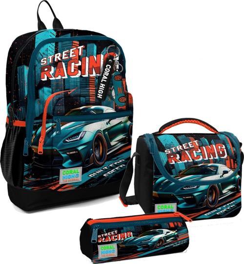 Erkek Çocuk Üçlü İlkokul Okul Çanta Seti - Siyah Nefti Yarış Arabası
