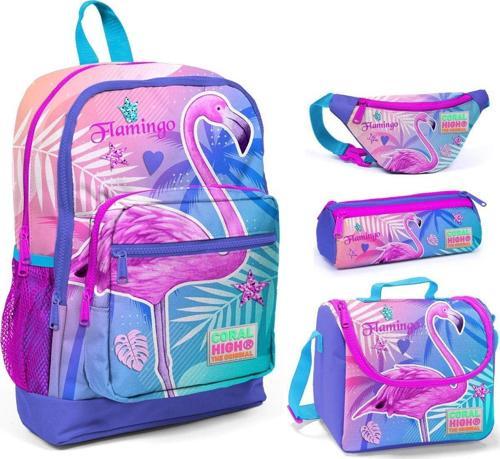 Flamingo Baskılı Kız Çocuk 4'lü İlkokul Çanta Seti
