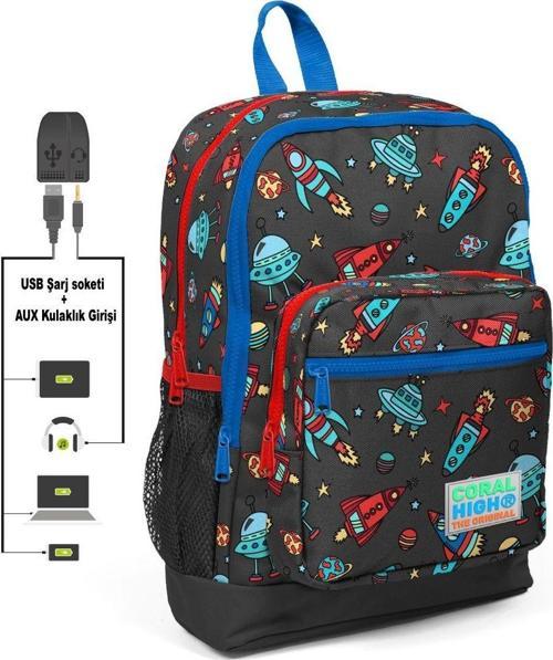 Kids Dört Gözlü Erkek Çocuk İlkokul Çantası - Gezegen ve Uzay Desenli - USB+AUX Soketli