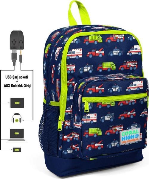 Kids Dört Gözlü Erkek Çocuk İlkokul Çantası - Yardımcı Arabalar Baskılı - USB+AUX Soketli