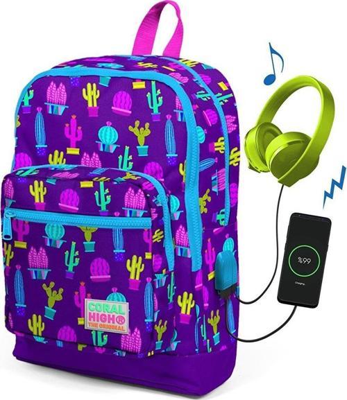 Kids Dört Gözlü Kız Çocuk Kaktüs Desenli İlkokul Çantası - USB+AUX Soketli