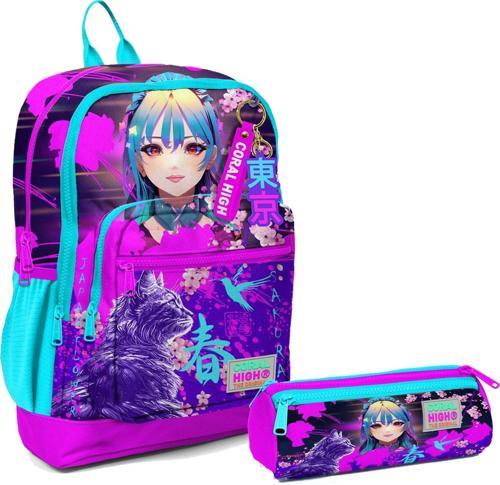 İlkokul Sırt Çantası ve Kalemlik Seti - Mor Pembe Anime Kedi - Kız Çocuk