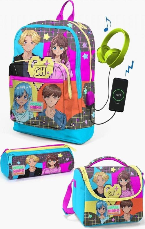 Kids Gri Mavi Pembe Anime Desenli USB'li 3’lü Okul Çanta Seti - Kız Çocuk