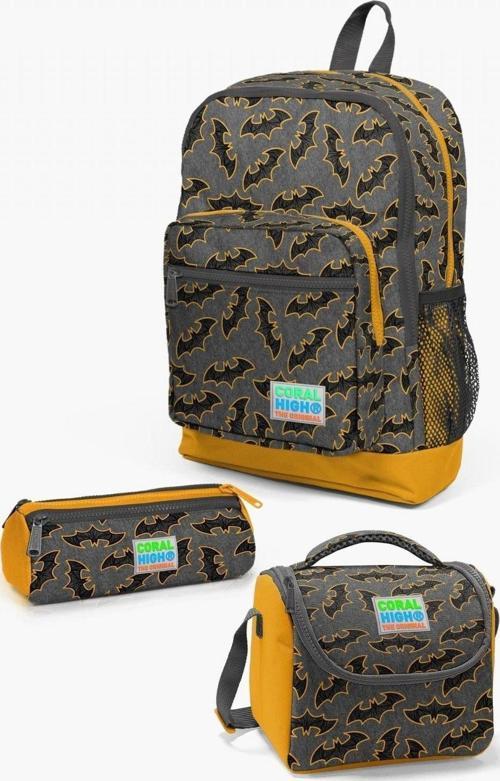 Kids Koyu Gri Hardal Yarasa Desenli 3’lü Okul Çanta Seti - Erkek Çocuk