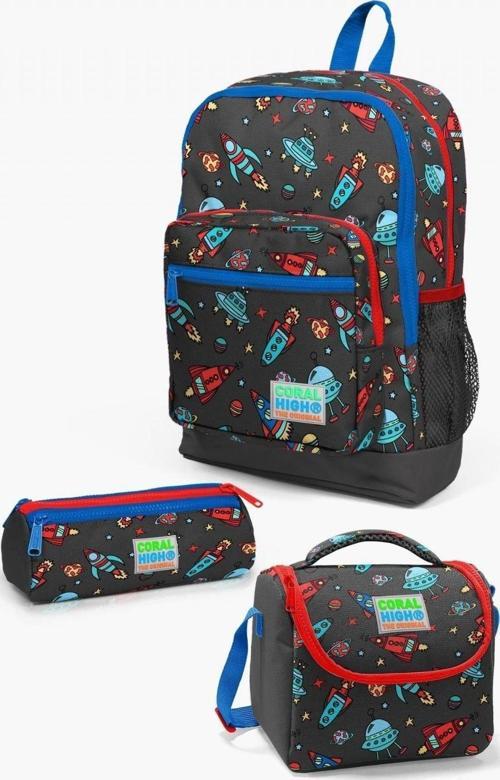 Kids Koyu Gri Kırmızı Uzay Desenli 3’lü Okul Çanta Seti