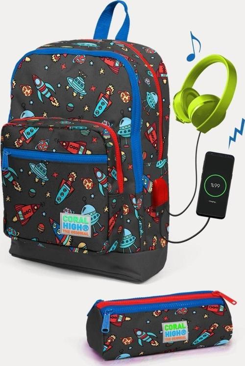 Kids Koyu Gri Kırmızı Uzay Desenli USB'li 2'li Okul Çanta Seti - Erkek Çocuk