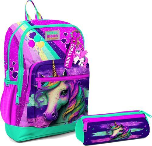 İlkokul Sırt Çantası ve Kalemlik Seti - Pembe Su Yeşili Unicorn - Kız Çocuk