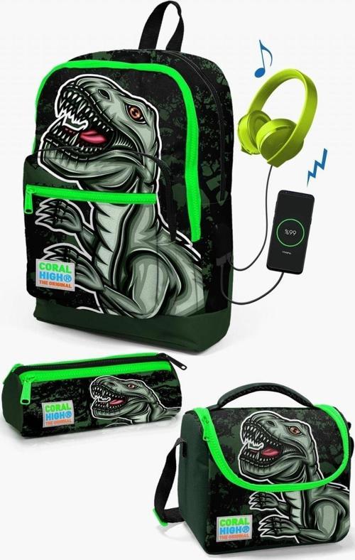 Kids Koyu Yeşil Siyah Dinazor Desenli USB'li 3’lü Okul Çanta Seti - Erkek Çocuk
