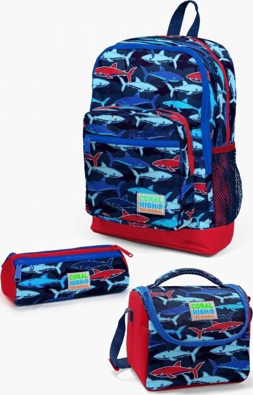 Kids Lacivert Kırmızı Köpek Balığı Desenli 3’lü Okul Çanta Seti - Erkek Çocuk