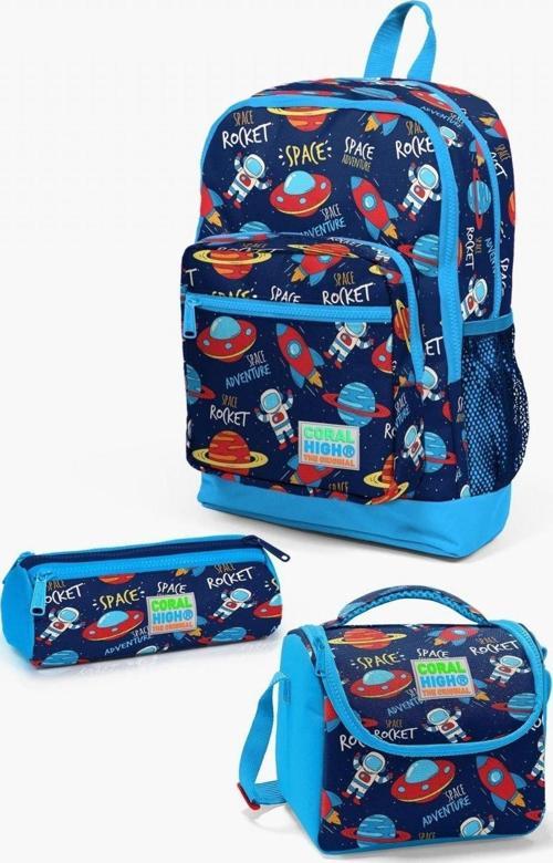 Kids Lacivert Mavi Uzay Desenli 3’lü Okul Çanta Seti - Erkek Çocuk
