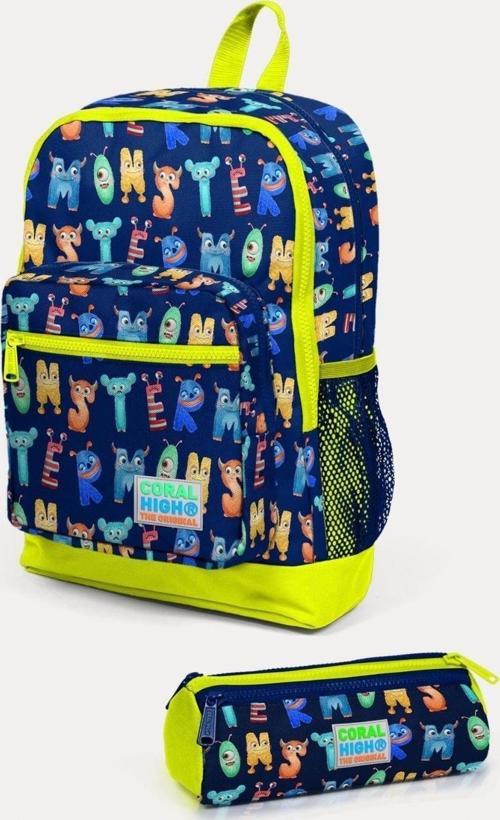 Kids Lacivert Neon Sarı Monster Desenli 2'li Okul Çanta Seti - Erkek Çocuk