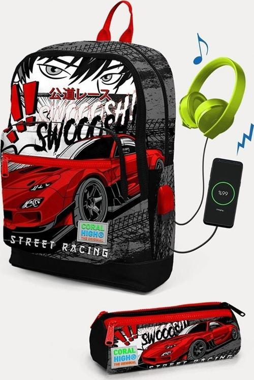 Kids Siyah Kırmızı Anime Araba Desenli USB'li 2'li Okul Çanta Seti - Erkek Çocuk