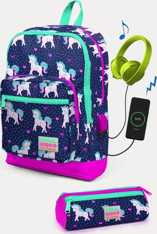 Kids Lacivert Pembe Unicorn Desenli USB'li 2'li Okul Çanta Seti - Kız Çocuk